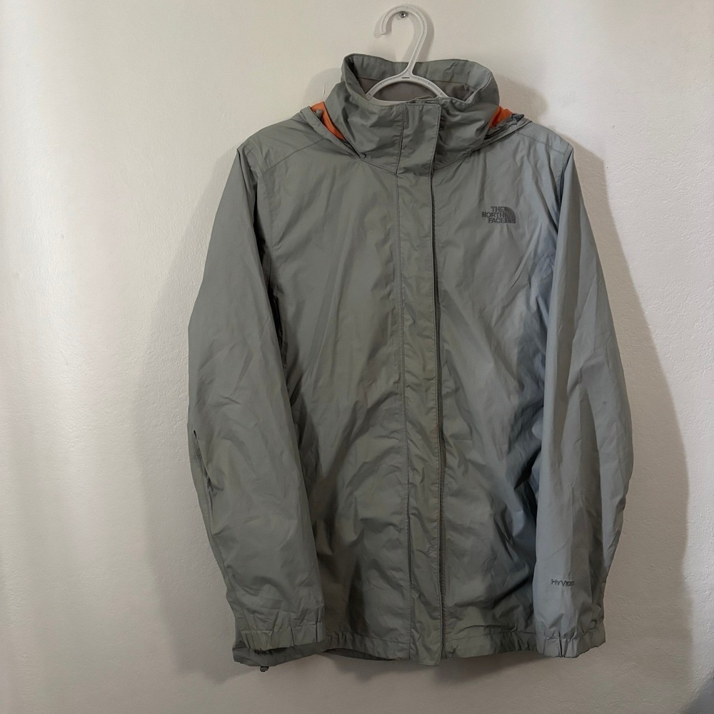 The North Face HyVent Rain Jacket Womens L Grey Orange Mesh Lined Hooded Shell - Picture 2 of 15